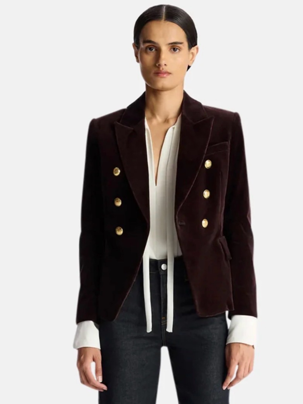 A.L.C. Chelsea Velvet Double Breasted Blazer Chocolate Plum Gold Buttons Size 6
